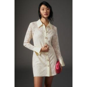 Corey Lynn Calter Ivory Lace Shirt Dress Pearl Long Sleeve Romantic Vintage L